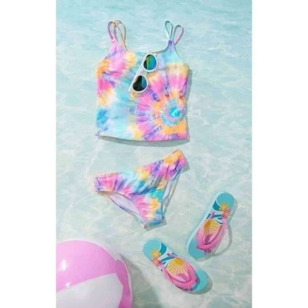 The Children's Place Girls 2-Piece Tankini Swimsuit LARGE Teal Tie Dye Straps